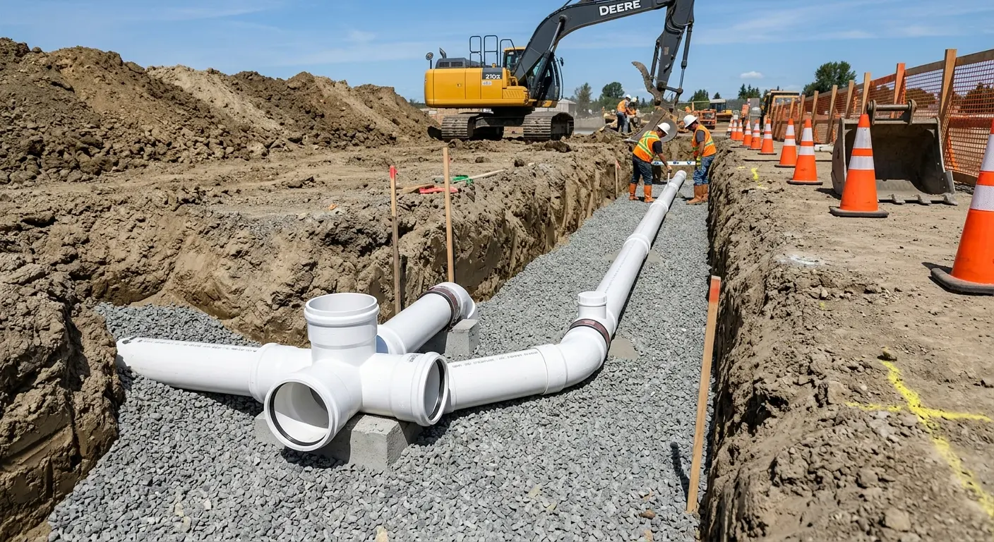 New PVC sewer pipe installation in open trench for Sewer Backup in Mantua