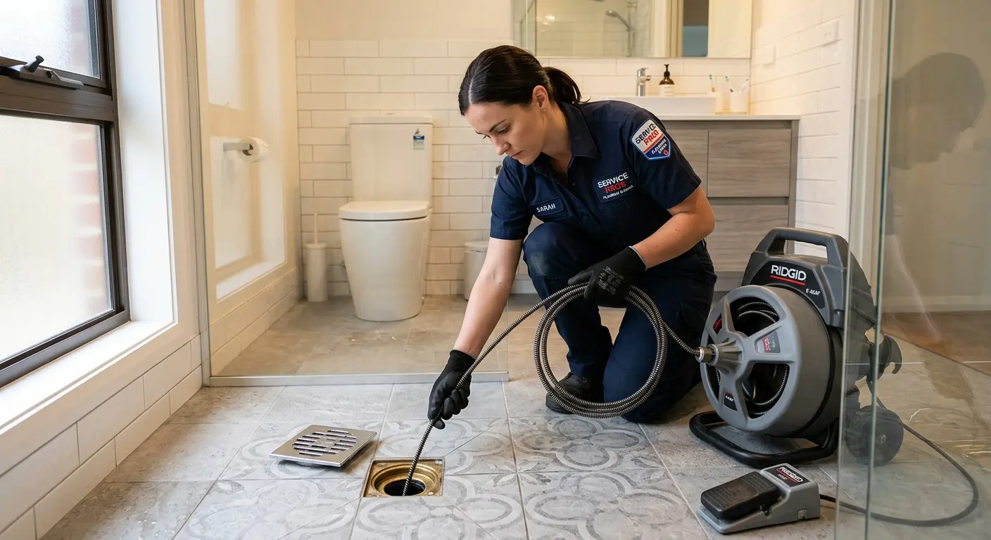 Technician clearing a bathroom floor drain for Sewer Line Replacement in Mantua